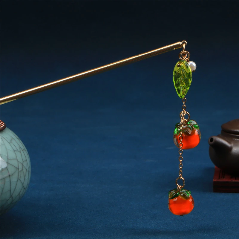 合金玻璃发饰 古风流苏发簪子古典百搭步摇盘发簪复古柿子发钗