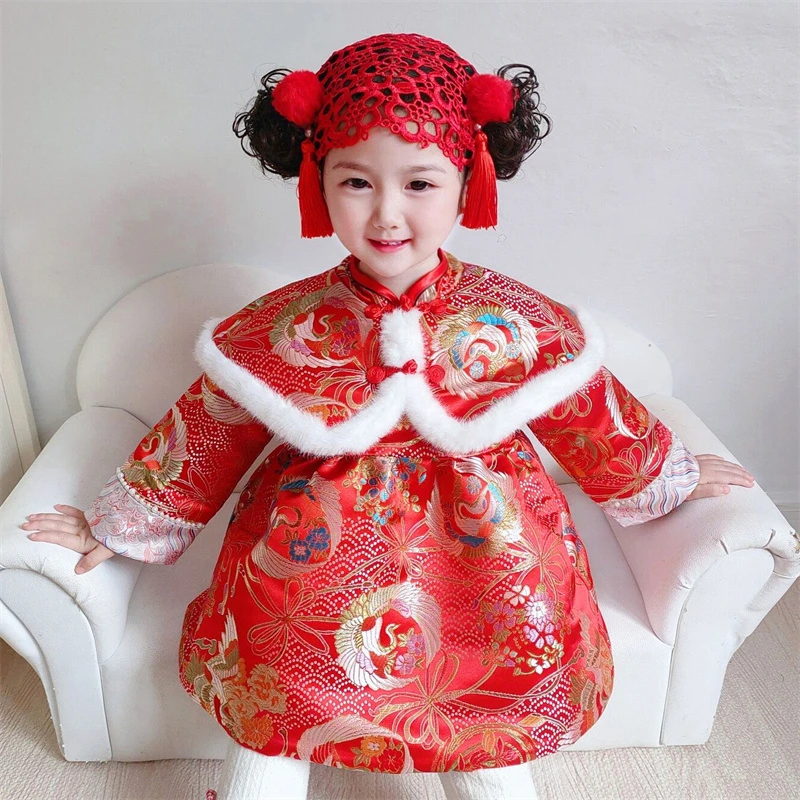 夹棉冬季女宝宝唐装连衣裙中国风加厚拜年服女童公主裙儿童婴儿