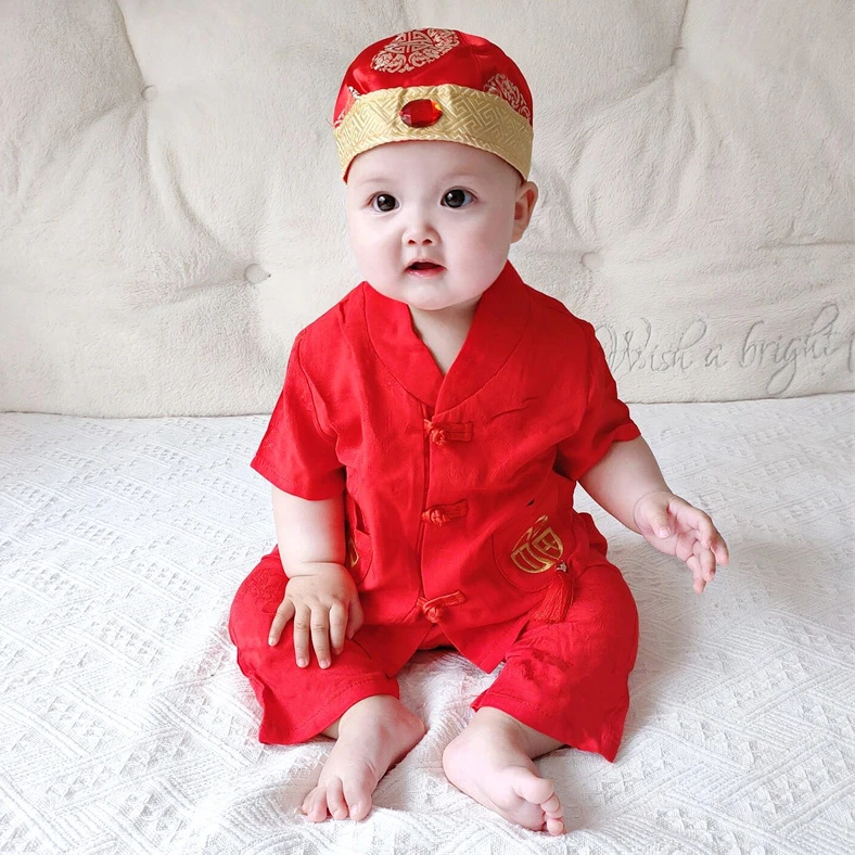 婴儿棉绸套装夏季中国风薄款男宝宝周岁礼服唐装男童喜庆福字套装