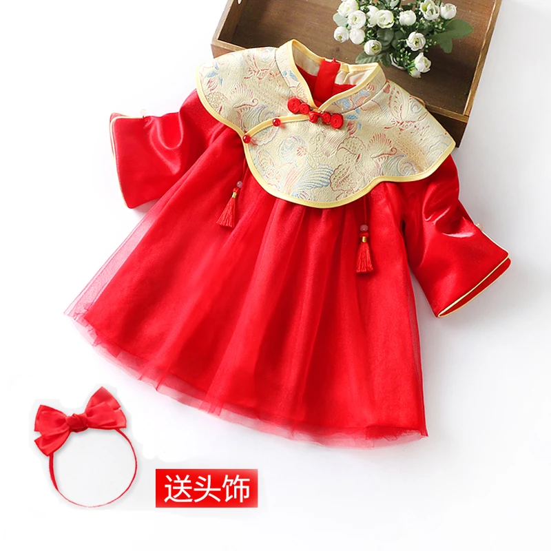 女宝宝周岁礼服秋冬款蝶恋花唐装连衣裙抓周冠衣古风汉服公主裙