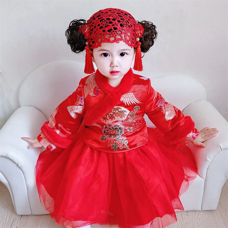 周岁礼服女宝宝国潮唐装加绒夹棉中国风抓周连衣裙女童汉服拜年服