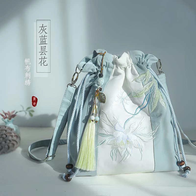 大容量复古风文艺改良汉服包包束口刺绣手拎斜挎手机包拼色民族风