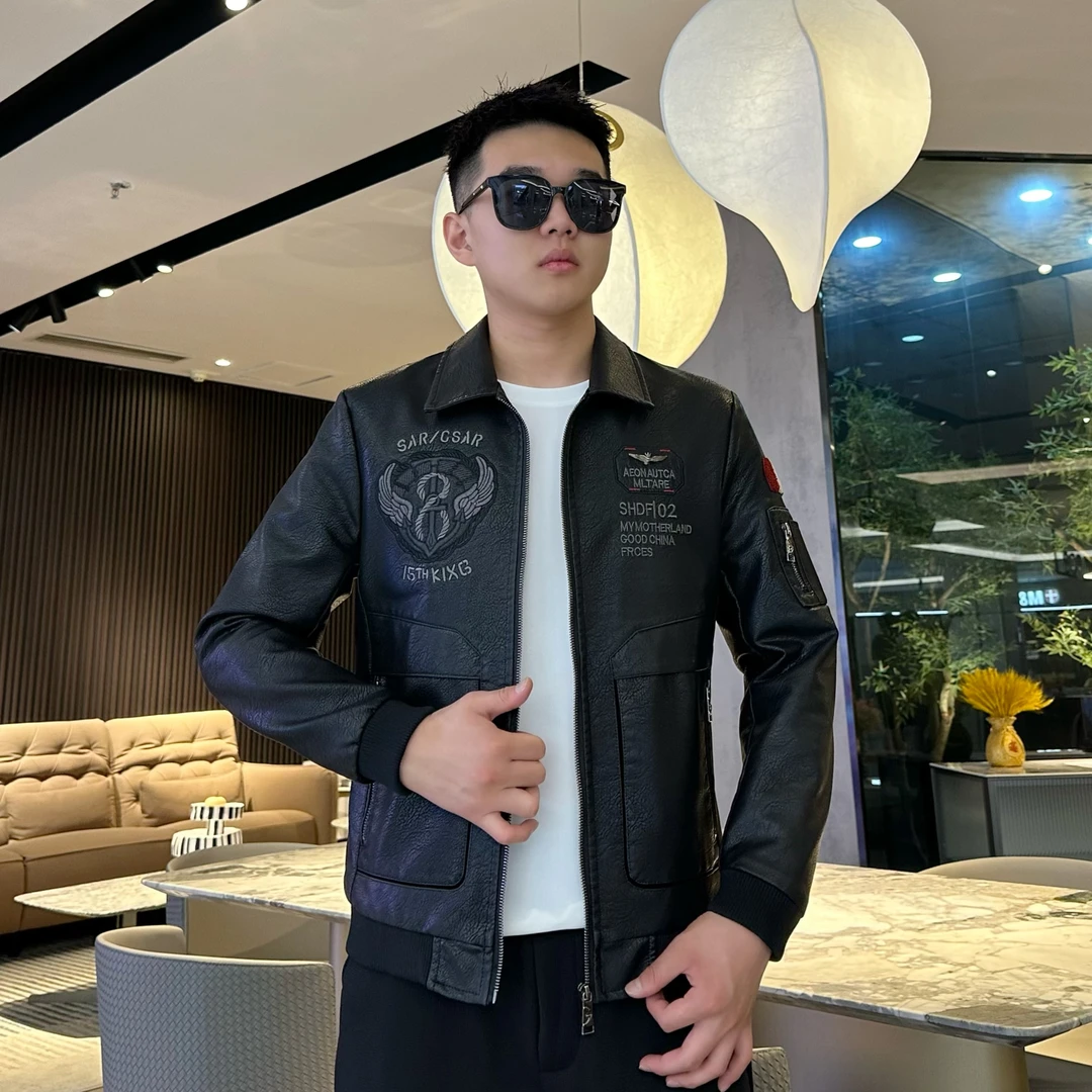 2025男士春季爆款皮夹克时尚潮流外套新款休闲帅气翻领黑色男夹克