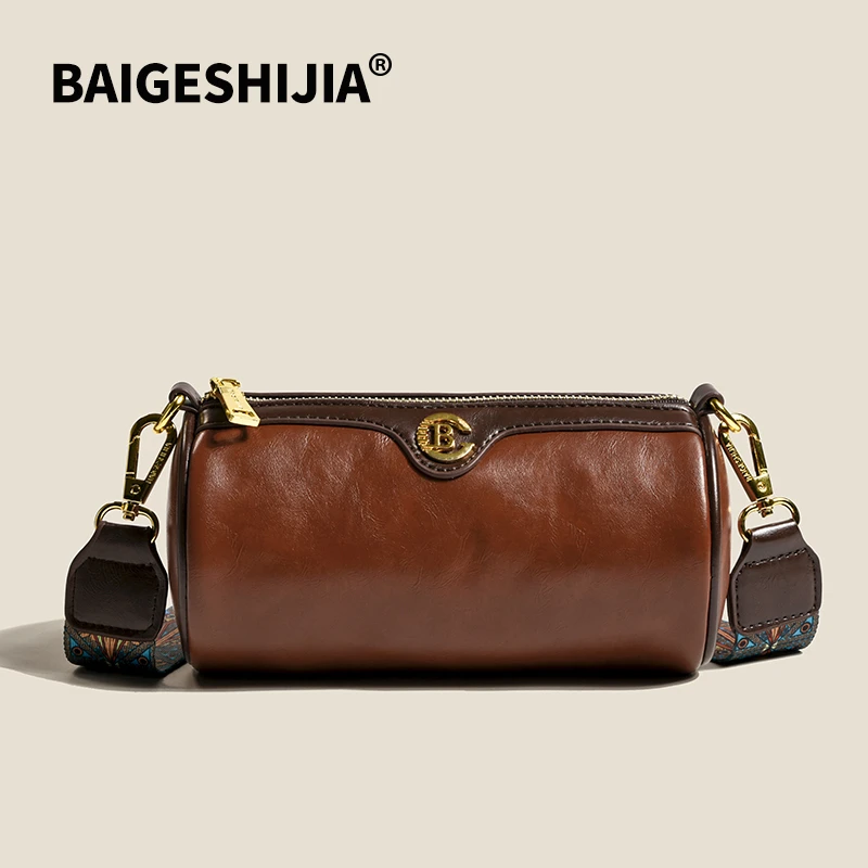 2023潮流爆款复古单肩筒包油蜡皮时尚斜跨女士简约百搭包包枕头包