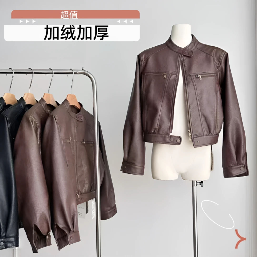 加绒加厚秋冬款短款小个子皮衣外套设计感韩系复古圆领高级感欧货