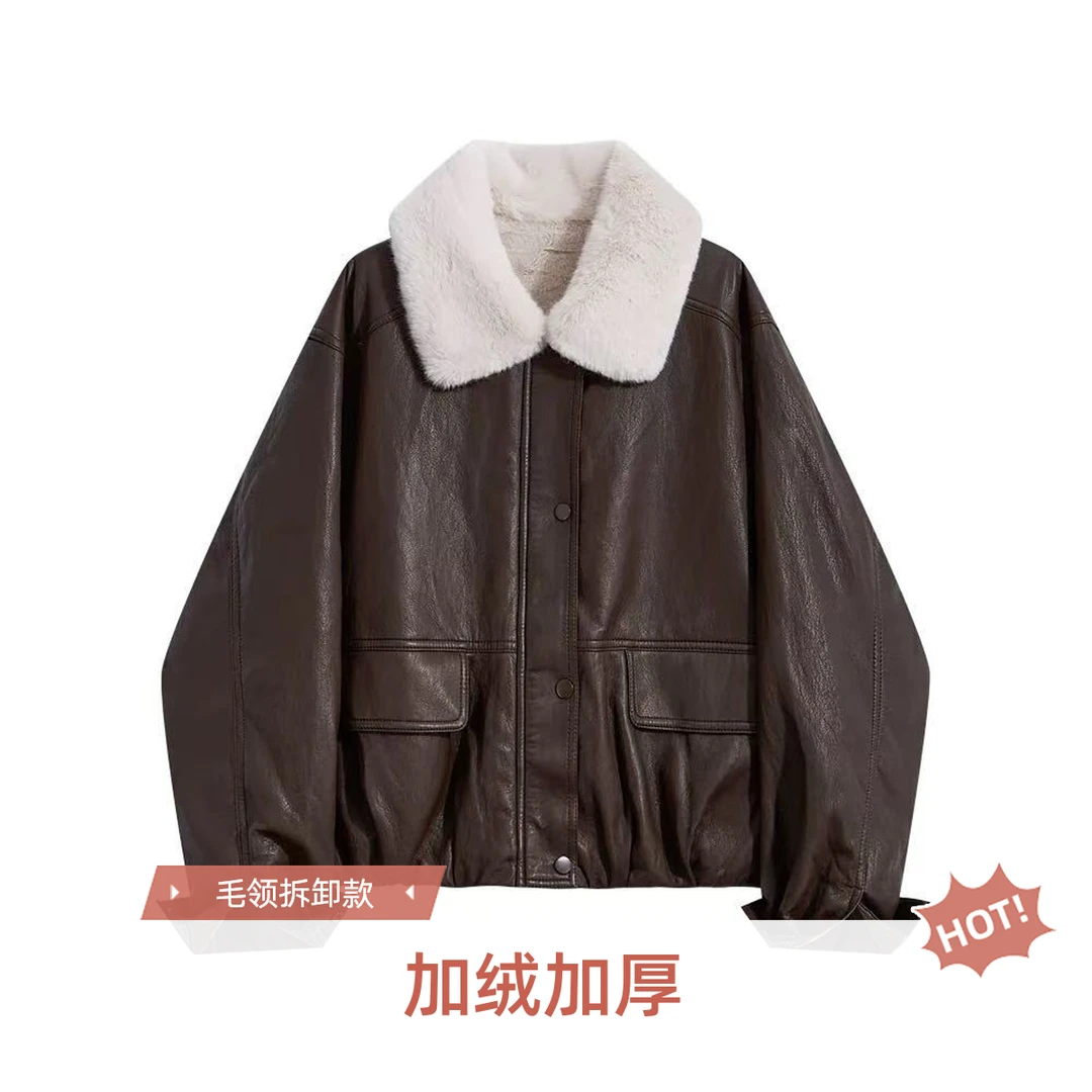 韩系复古/油蜡软皮/可拆卸毛领拼接短款皮夹克加绒加厚皮衣外套女