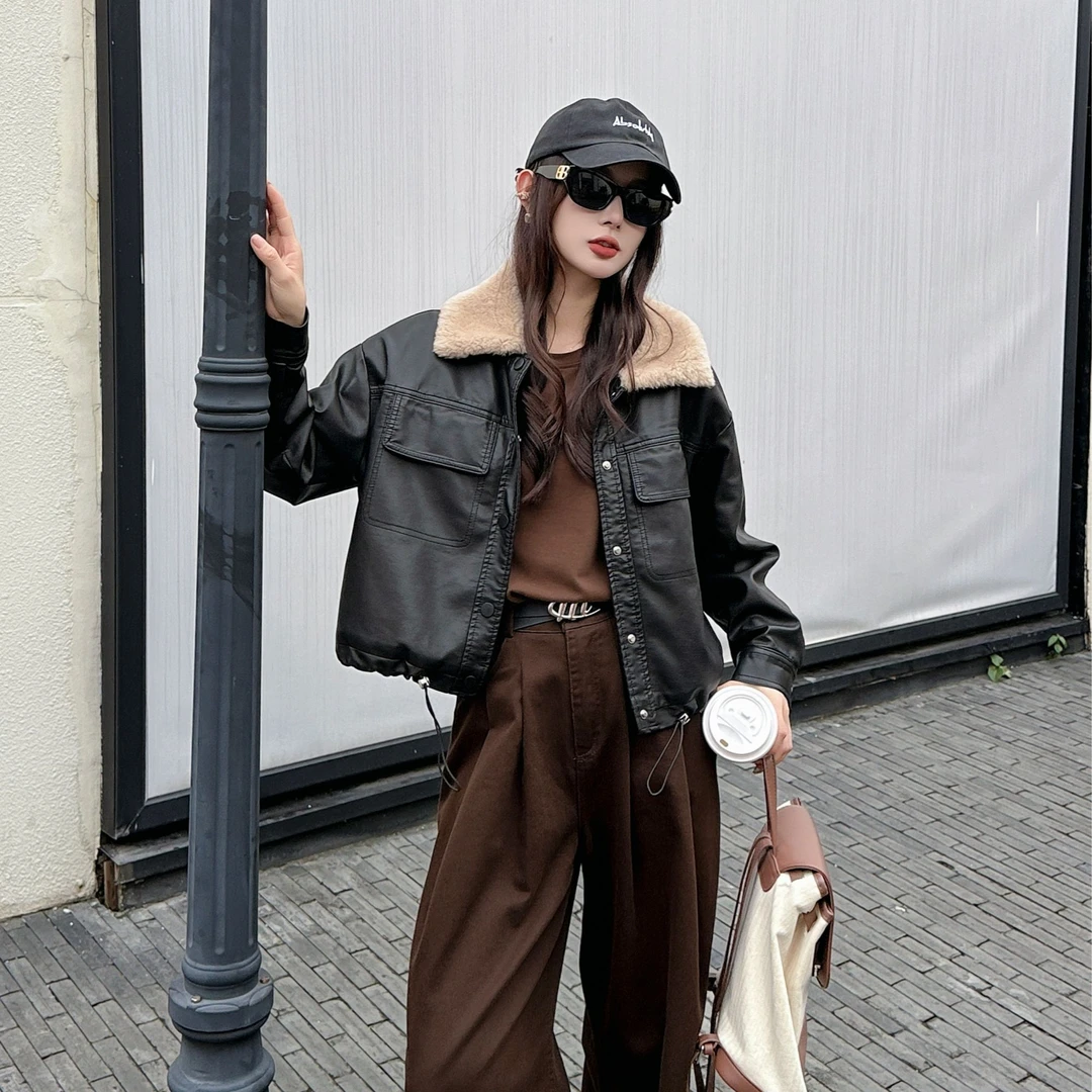 加绒加厚秋冬工装风皮衣外套女2024新款爆款夹克皮衣外套女显瘦款