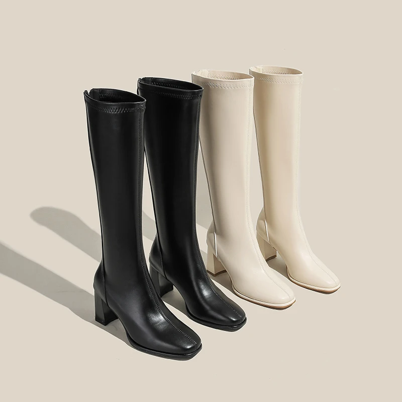法式优雅气质方头粗跟长筒靴女2024秋冬新款百搭高跟弹力瘦瘦靴
