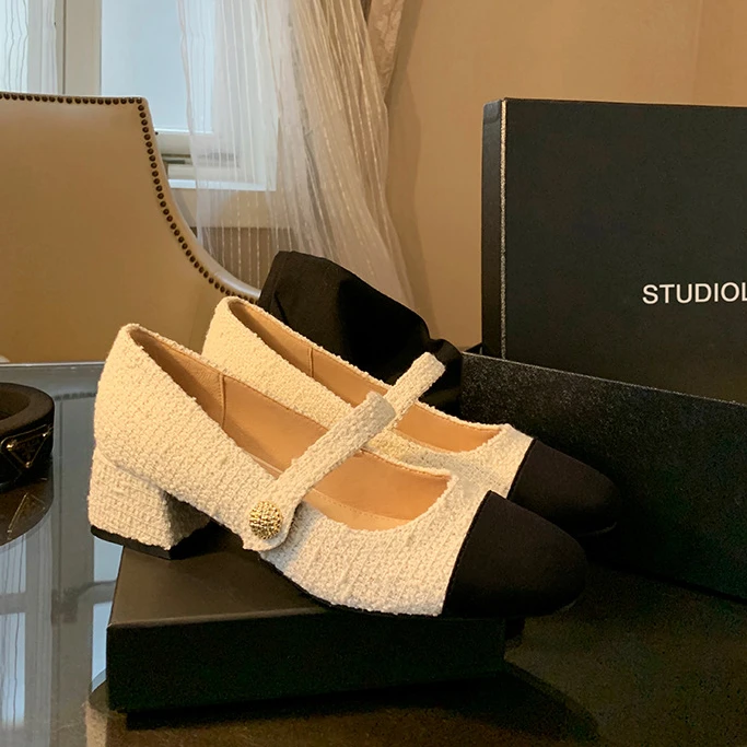 JIELINNA拼色小香风粗跟玛丽珍鞋女2024春季新款法式方头扣带单鞋