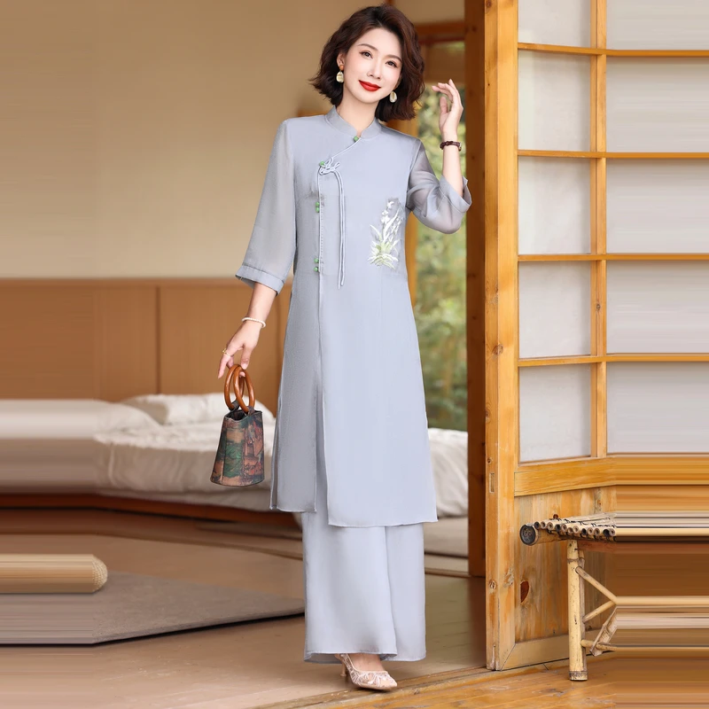 中国风女装套装两件套2024年新款旗袍裙洋气妈妈装民族风唐装复古