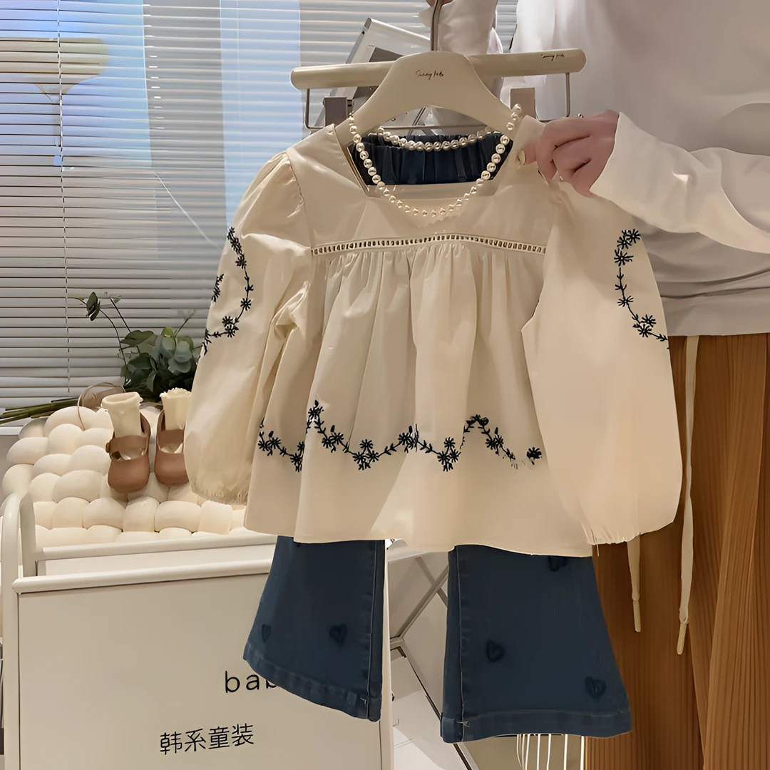 女童森系套装方领长袖娃娃衫儿童春秋爱心牛仔阔腿裤两件套