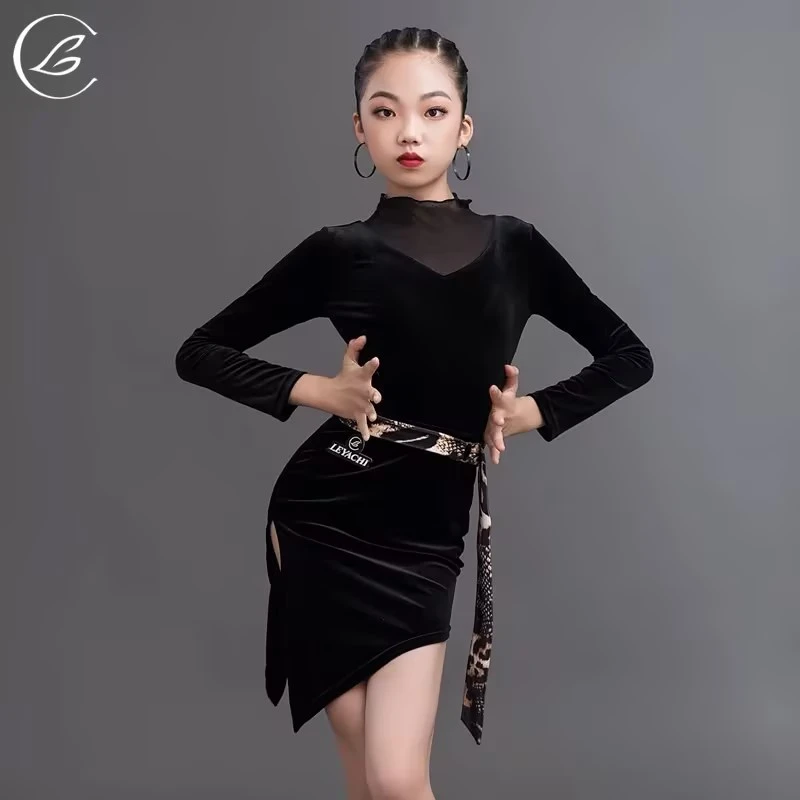 乐雅池黑色秋冬新品拉丁舞蹈豹纹练功服女长袖拉丁舞蹈服套装