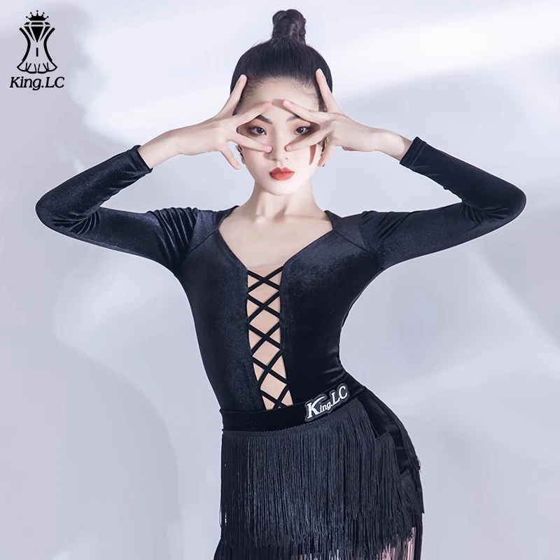 2023秋冬新品少儿拉丁舞服练功服训练服儿童舞服长袖显瘦黑色