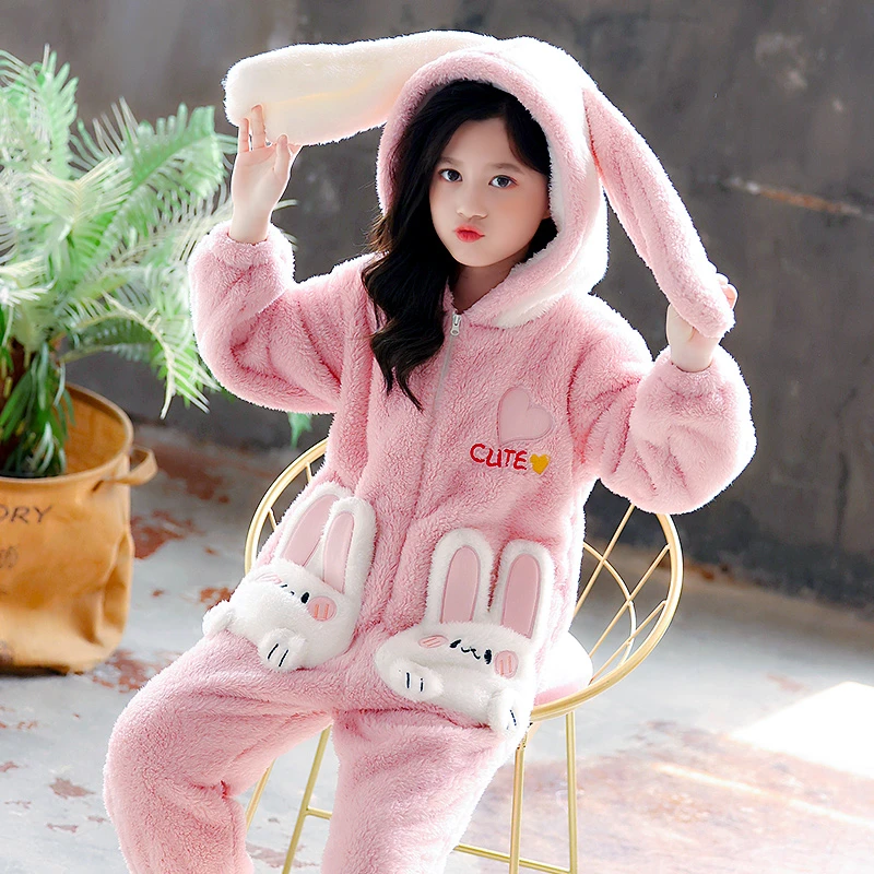 法兰绒儿童加厚连体睡衣女童珊瑚绒卡通中大童女孩公主家居服秋冬