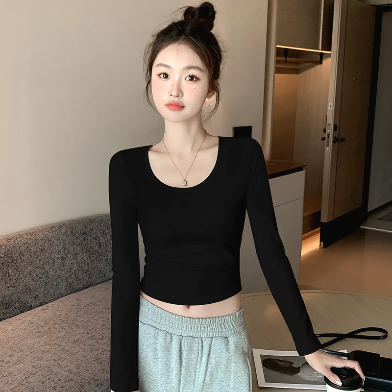 黑色圆领长袖T恤女秋新款修身紧身高腰打底衫内搭露脐短款v领上衣