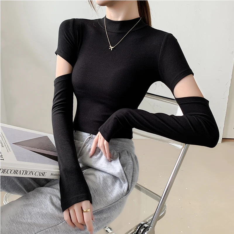 黑色半高领袖设计感T恤女修身螺纹显瘦时尚长袖上衣内搭打底衫