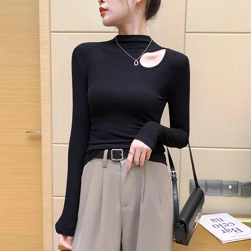 黑色镂空半高领打底衫女秋冬内搭2023长袖款气质百搭ins修身上衣