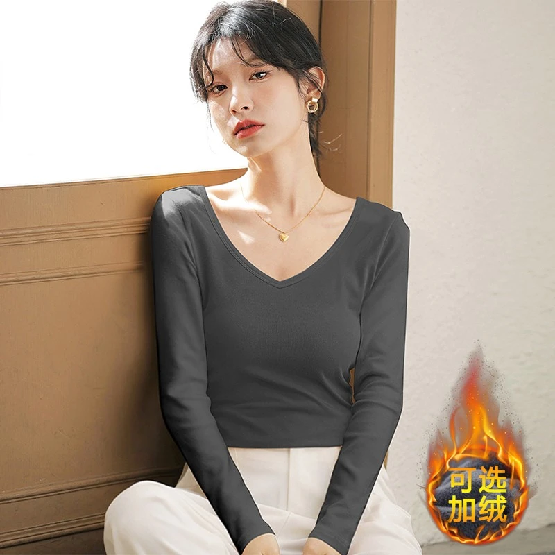 纯棉大领口深v领加绒打底衫女秋冬修身内搭加厚低领紧身长袖秋衣