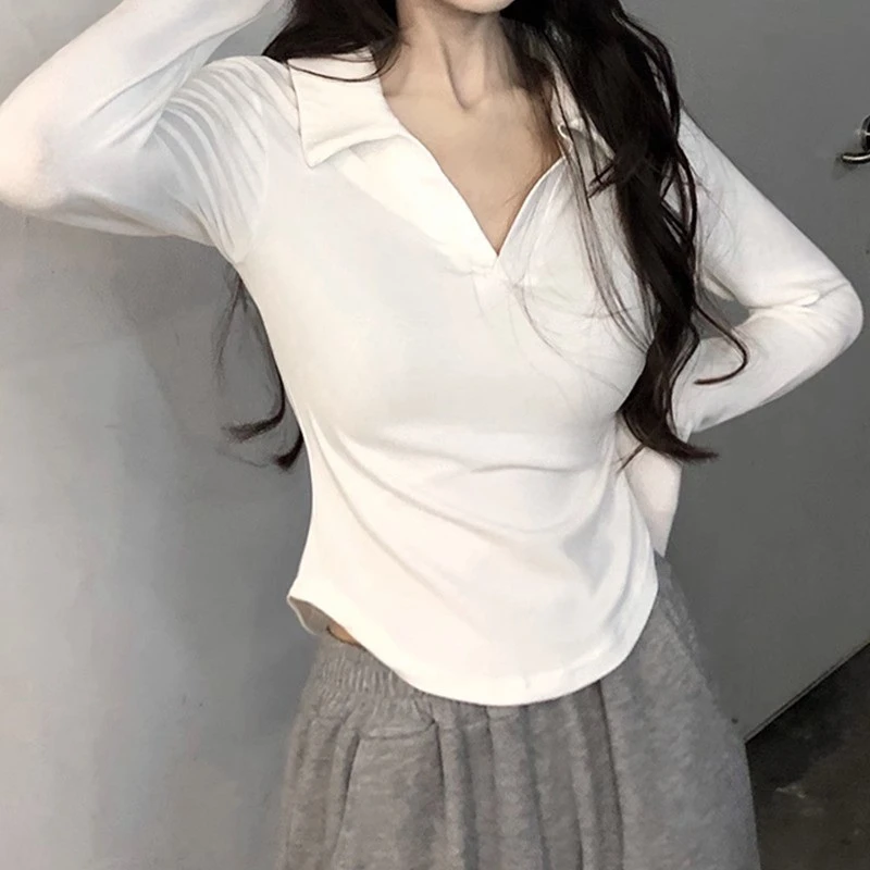 性感甜辣风洋气长袖T恤女小个子外穿内搭修身上衣打底衫辣妹v领秋