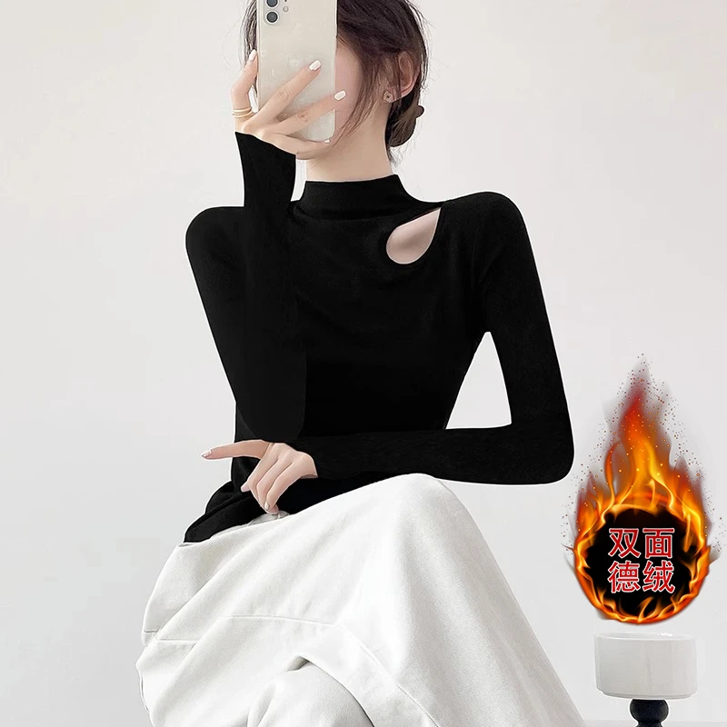 黑色半高领螺纹加厚打底衫女2024年春秋冬长袖t恤上衣内搭洋气