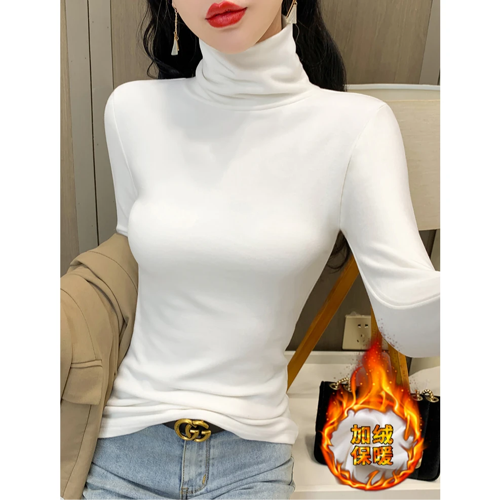 白色高领打底衫女加绒秋冬季2024新款德绒加厚内搭修身长袖洋气