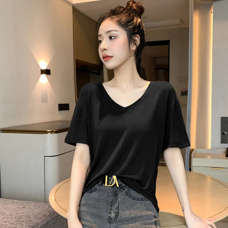 V领宽松短袖t恤女显瘦慵懒风百搭半袖2024新款夏装高级感打底衫