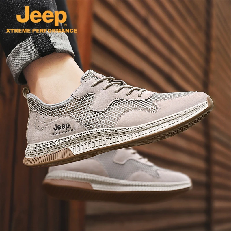 JEEP/吉普春夏季透气户外徒步鞋百搭休闲时尚轻便镂空低帮网面鞋
