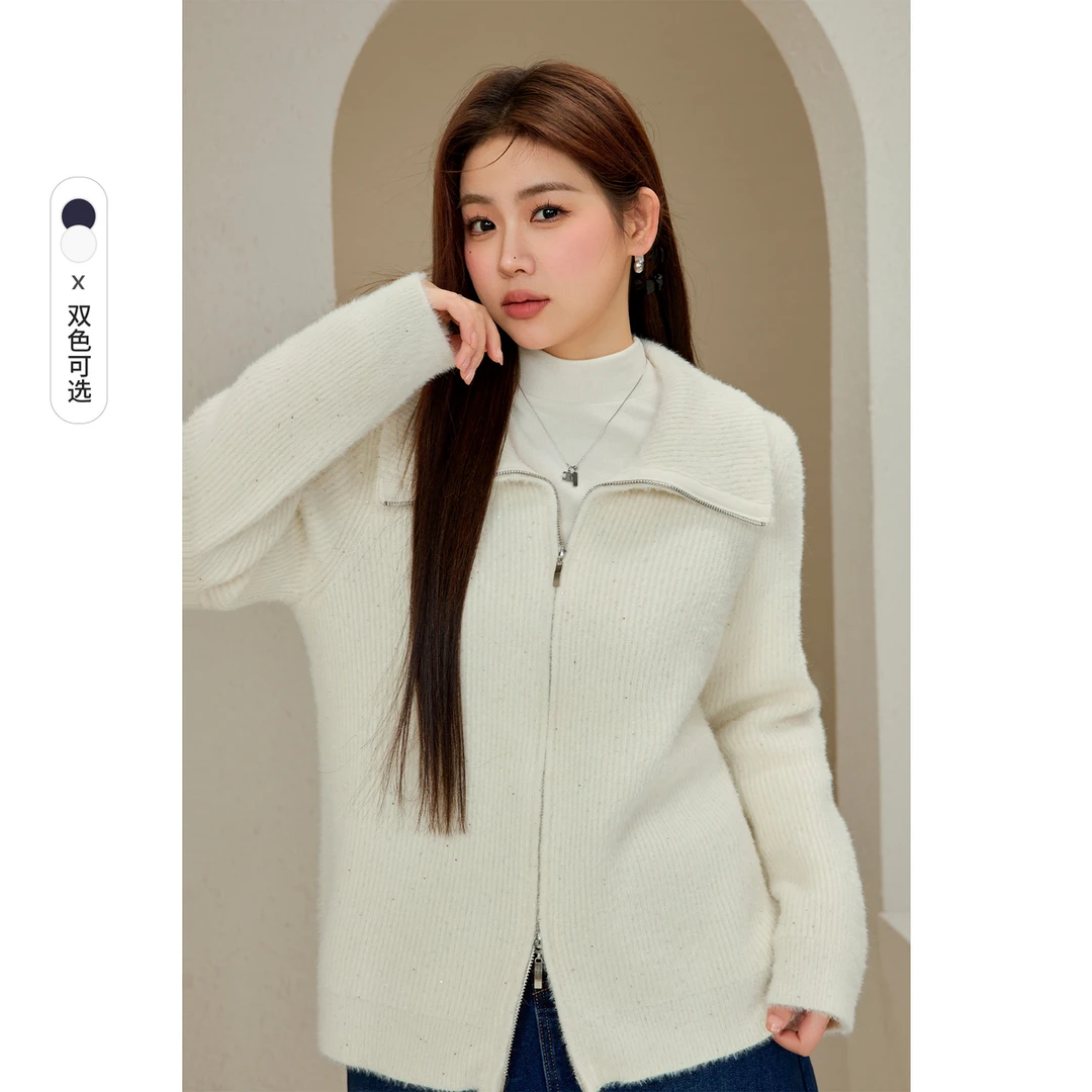 【慵懒休闲毛衣】纤莉秀H大码女装【视频】双头拉链开衫毛衣QJ5213