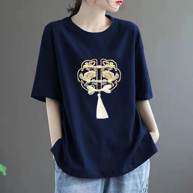 新中式爆款100％纯棉短袖T恤女夏民族风大码宽松显瘦时尚洋气百搭