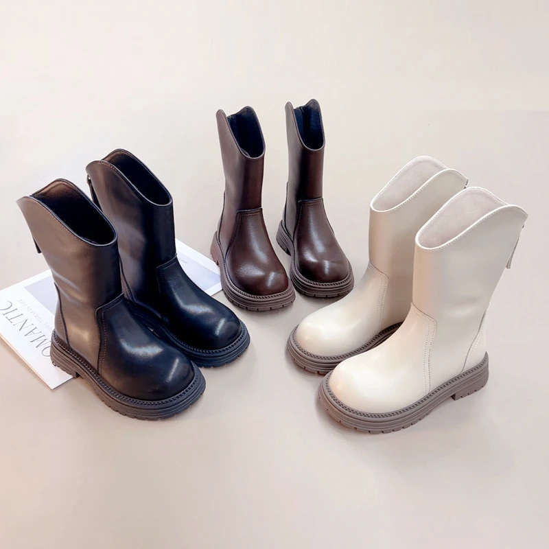 杰98008女童靴子童鞋2025新款英伦风洋气加绒马丁靴儿童中筒长靴