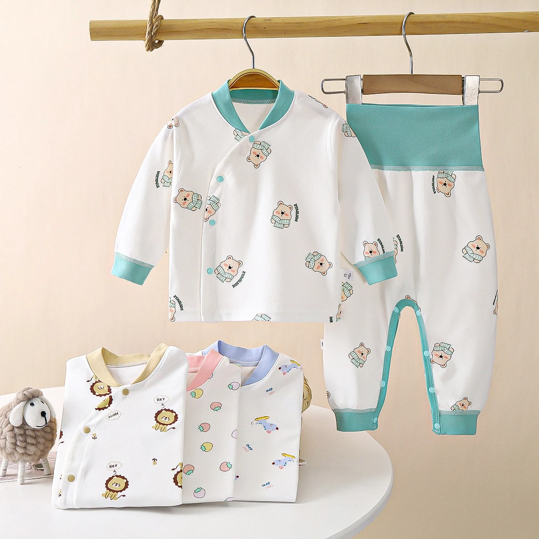 婴儿内衣纯棉春秋偏襟高腰护肚初生分体套装宝宝秋衣秋裤保暖打底