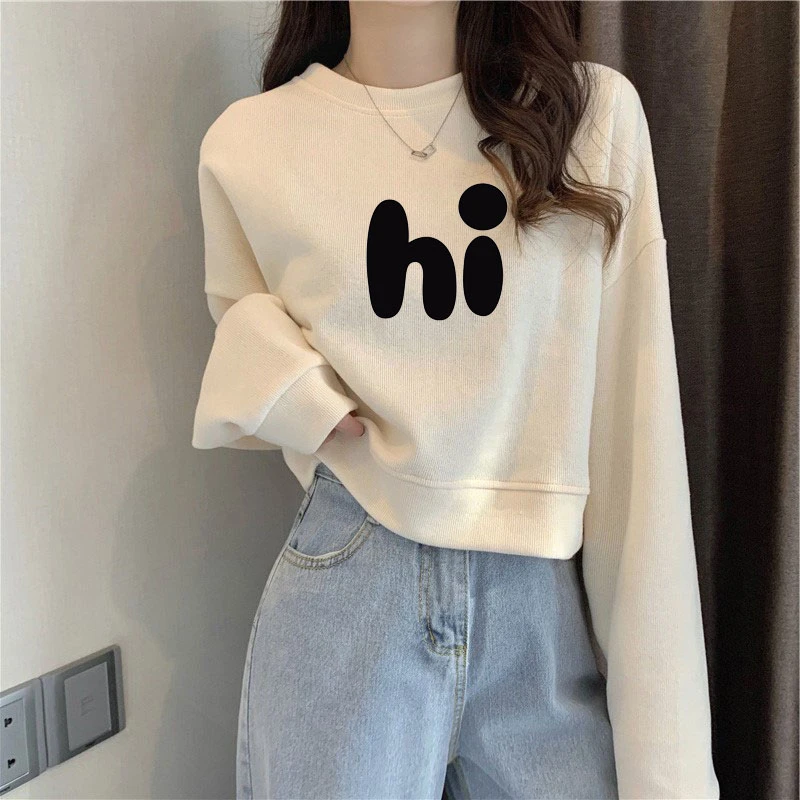 【新人直降】棉质学院风高腰短款卫衣女秋冬季新款字母圆领长袖上衣