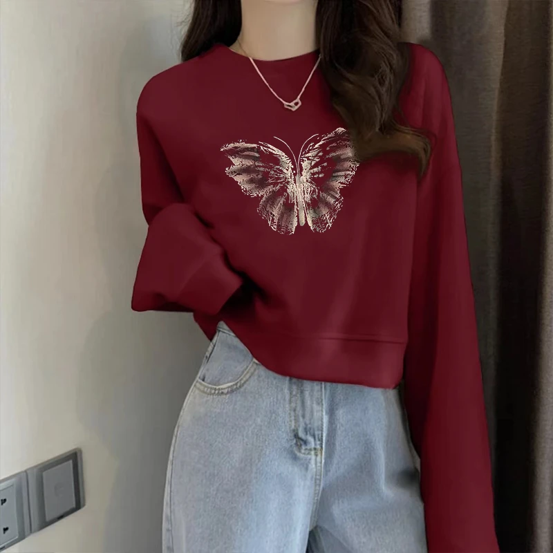 酒红色宽松卫衣女正肩优棉宽松多巴胺穿搭休闲百搭小个子短款上衣