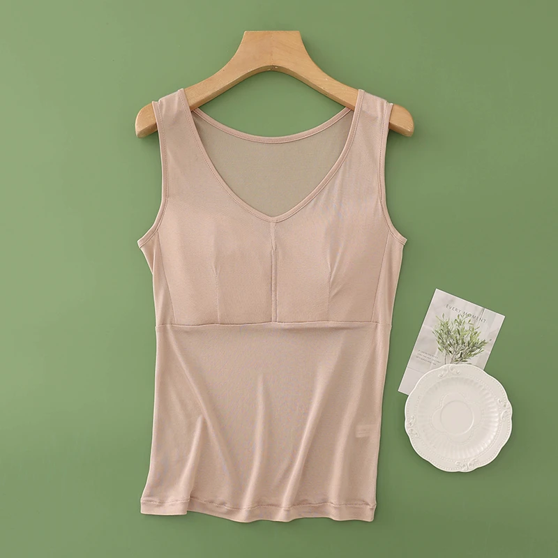 出口单100%桑蚕丝加胸垫背心女宽松大码真丝V领打底衫上衣夏薄款