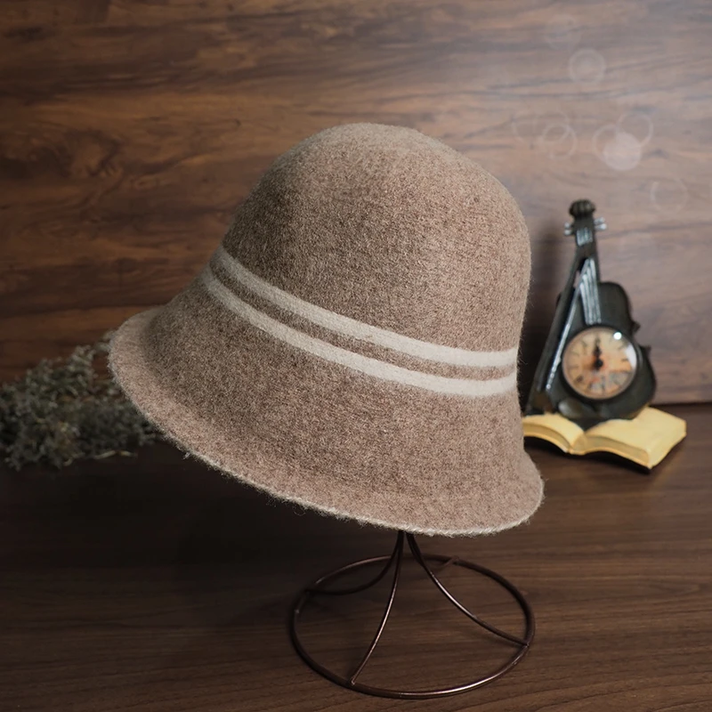 2024秋冬撞色条纹翘边羊毛盆帽毛呢卷边条纹渔夫帽羊毛小帽檐礼帽