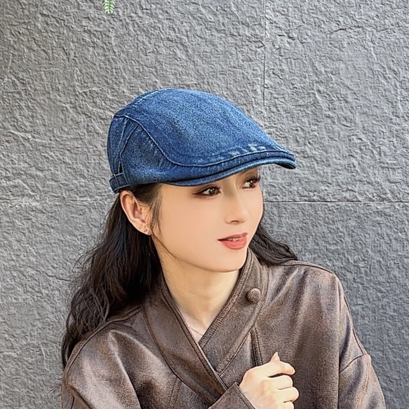前进帽女春秋显脸小时尚百搭鸭舌帽大头围时髦女士复古牛仔贝雷帽