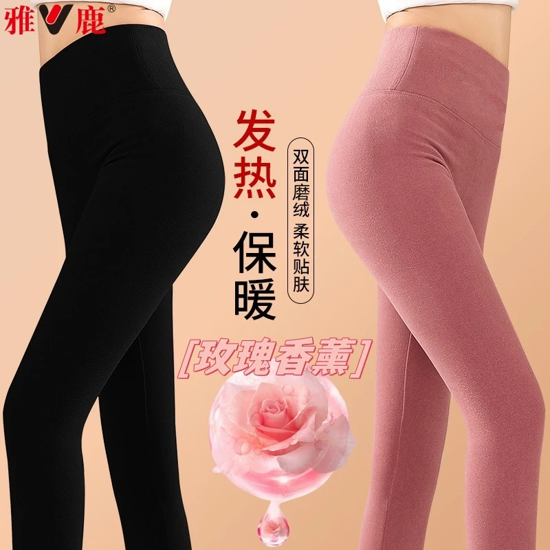 V/雅鹿玫瑰精油秋裤女士双面磨绒内穿秋冬加绒加厚保暖裤无痕显瘦