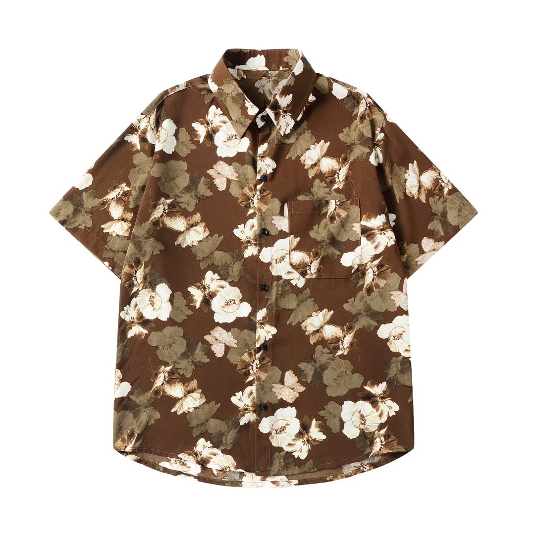 冰丝雪纺港味衬衫潮牌日系宽松轻薄透气花衬衫美式花卉情侣五分袖