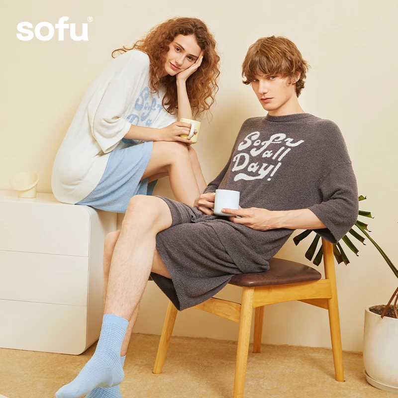 sofu舒工坊凉感半边绒冰丝情侣短袖家居服套装男女同款2023新款