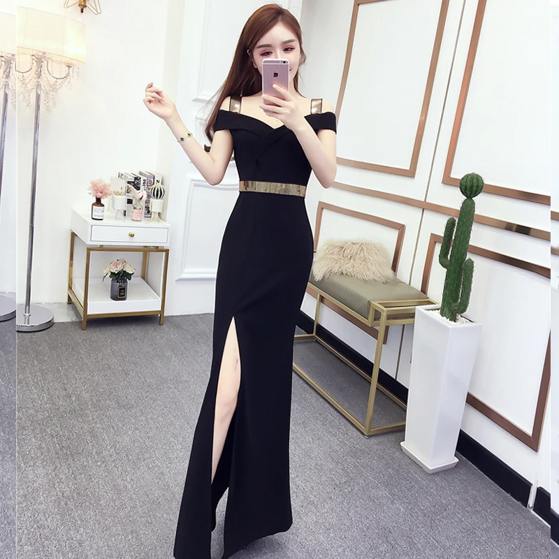 夜店气质露肩设计感开叉连衣裙足浴技师性感长裙吊带一字领晚礼服