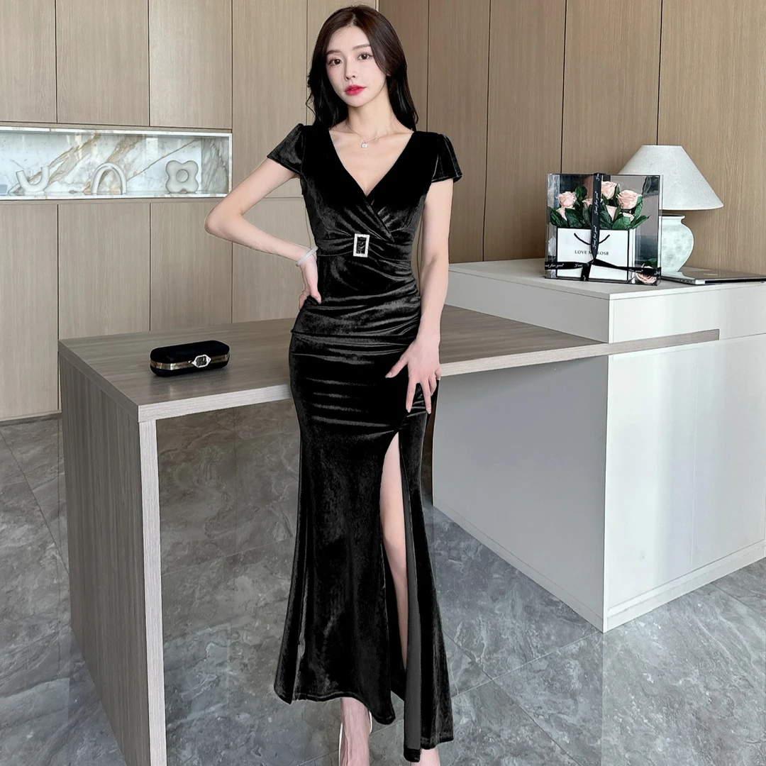 夜总店性感金丝绒短袖连衣裙深v领包臀开叉长裙礼服夜场上班衣服