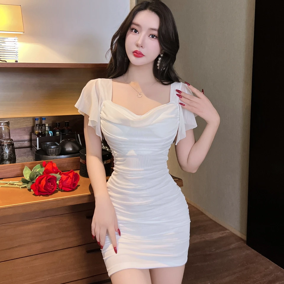 夜店遮肚子显瘦飞飞袖短裙低胸夜场性感网纱连衣裙桑拿技师工作服