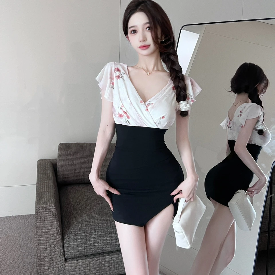 夜场洗浴服装女性感包臀连衣裙纯欲风辣妹网纱印花拼接飞飞袖短裙