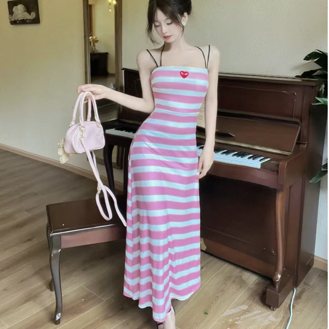 纯欲性感条纹针织吊带露背打底长款吊带连衣裙设计感小众别致气质