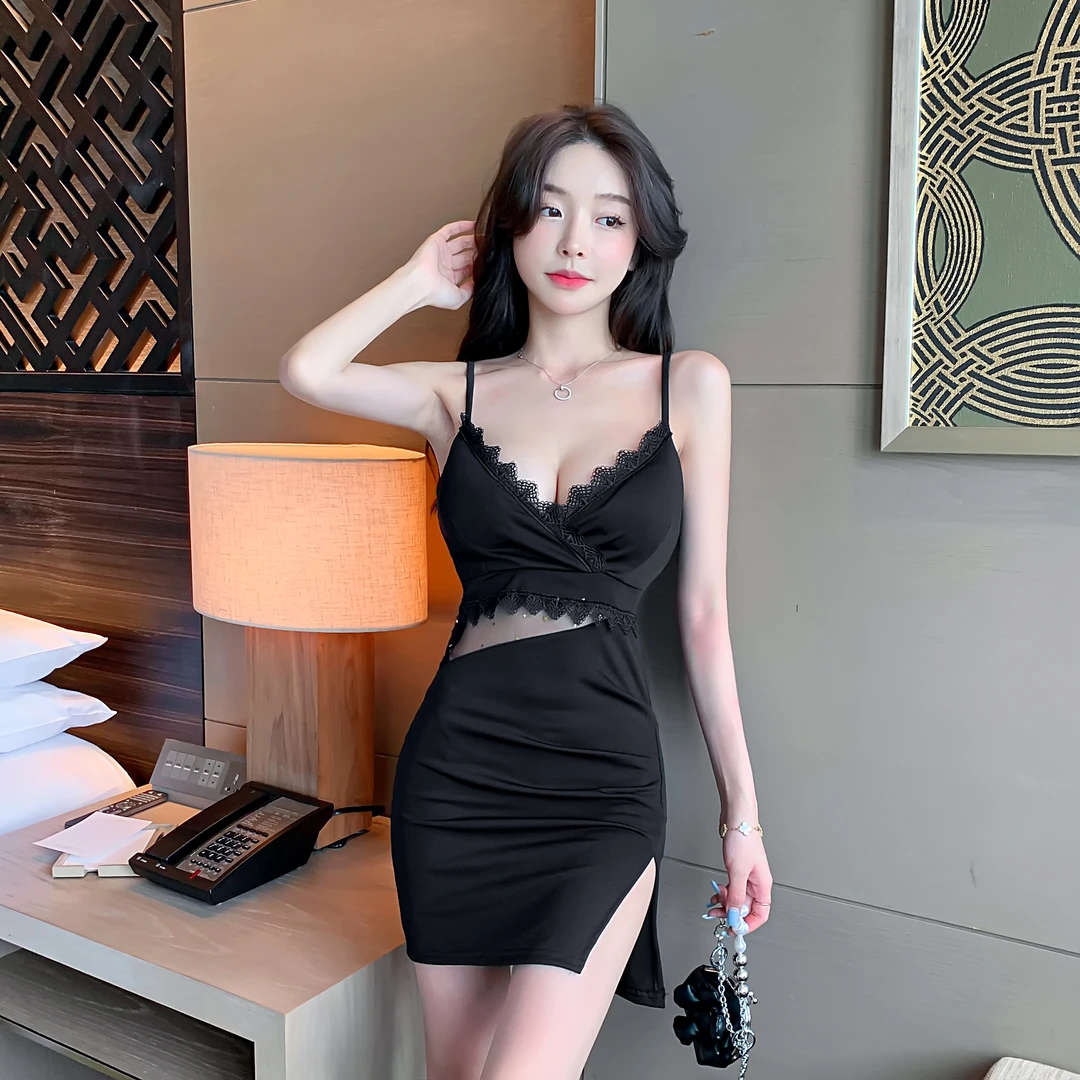 夜场夏季新款网纱拼接包臀吊带裙足浴技师性感V领低胸蕾丝连衣裙