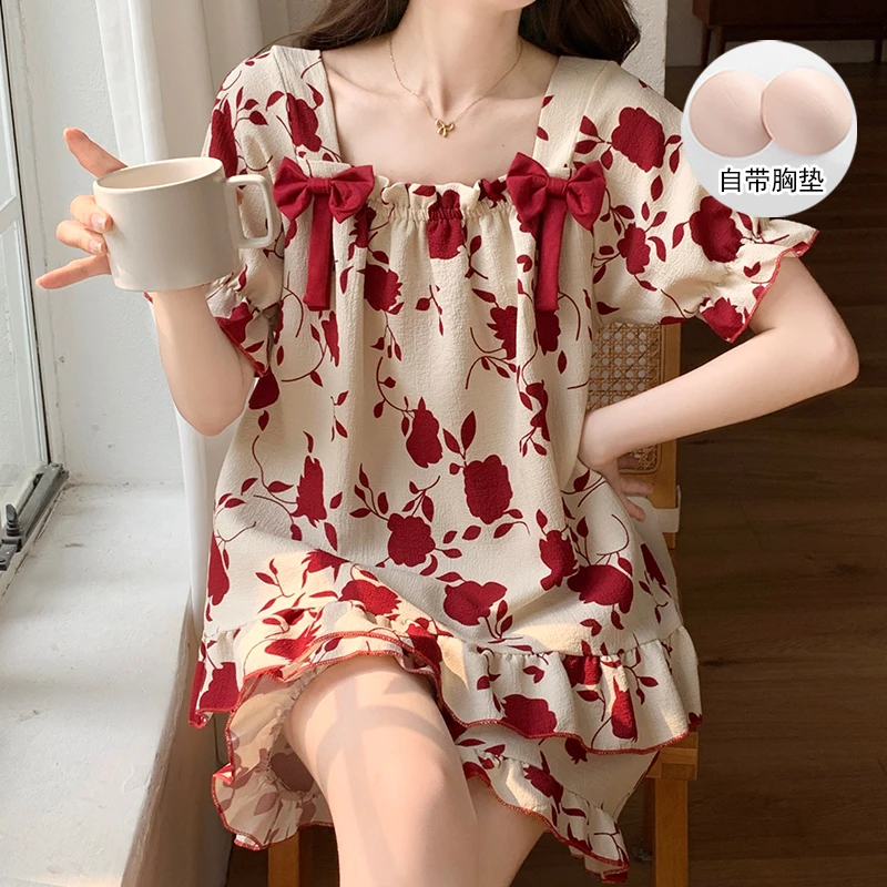 带胸垫套装睡衣女夏季红花韩版大码可爱甜美蝴蝶结短袖家居服夏天