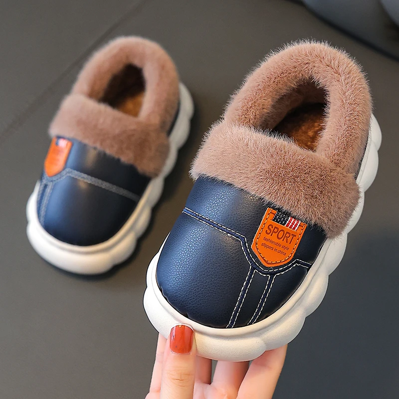 儿童棉拖鞋皮防水软底防滑加绒加厚亲子成人情侣居家冬季保暖秋冬