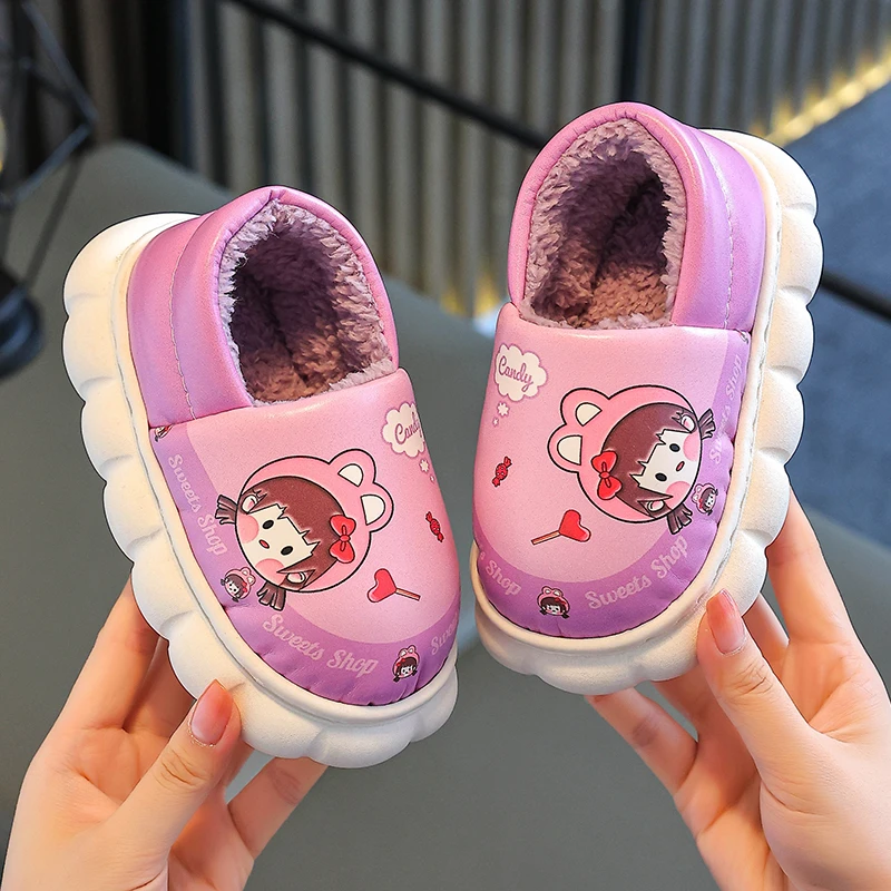 儿童棉拖鞋秋冬季皮面防水防滑男童女童居家室内家用宝宝小孩包跟