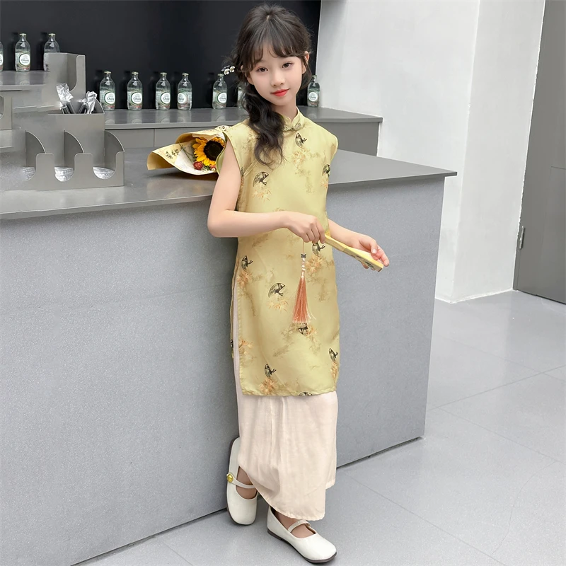 女童2024夏季新款中大童中式洋气复古优雅薄款中国风烟雨旗袍套装
