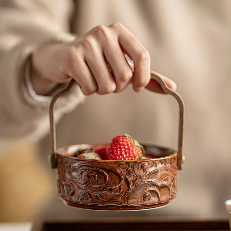 陶瓷复古手提果盘家用零食糖果盒精致高端轻奢坚果水果篮点心盘子